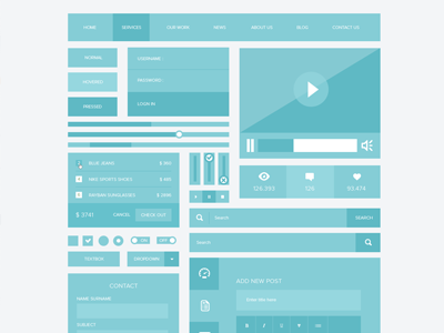 Responsive Ui Kit Free .PSD add blue button clean contact design form icon interface kit login menu minimalist new photoshop player posts psd responsive search simple ui video web website