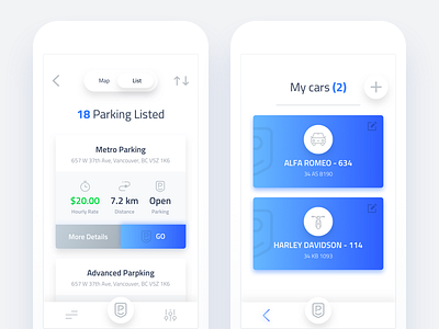 Parking app (List and My Cars page)