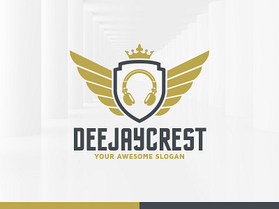 Dj Crest Logo Template badge crest deejay dj headphone logo shield template vector wings