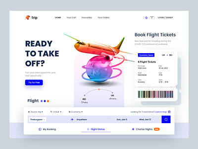 Flight Ticket Booking airline airplane airport booking cards flight booking app flight ticket home page landing landing page web page website design