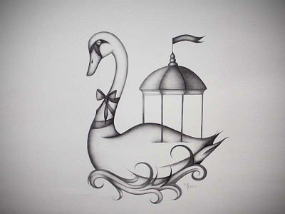 Swan Voyage art bird black bow drawing dream grey illustration lake swan water white