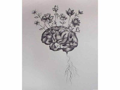 Flourish - brain & flower illustration anatomy art black brain drawing flowers grey illustration white