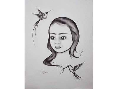 Portrait - 'Willow' birds black drawing girl grey illustration portrait sketch white