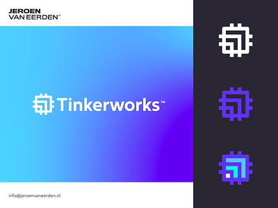 Tinkerworks - Logo Concept v3 arrow branding chip computer computing connect forward hardware identity logo logo design micro scale stoftware symbol tech technology visual identity design