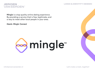 mingle 🧡💜 branding chemistry connect connecting date dating dna heart hearts logo logo design love mingle modern logo orange overlap purple redesign service string