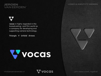 Vocas - Logo Redesign Proposal ▶️ brand identity design branding creative logo film gear lettermark logo mockup monogram triangle v video visual identity vocas