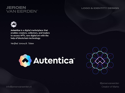 Autentica - Logo Design ☑️ arrow artwork autentica authentic blockchain brand identity design creative logo crypto holo holographic logo marketplace nft original originality ownership tech visual identity design