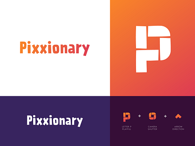 Pixxionary - Logo Design arrow branding camera shutter education identity desgn letter monogram logo logo design logo monogram media modern logo modern logo design online p photo picture pictures stacked wordmark wordmark logo