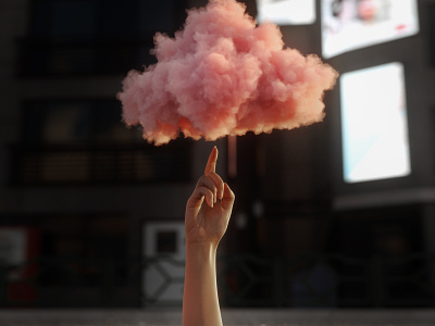 Touch the clouds 3d cgi character cinema4d city cloud design glow hand illustration light pink render rendering sunset touch