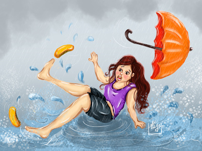 Rain Rain Go Away! canvas art cartoon cartoon character cloudy colourfull illustration colours creative cartoon cute girl design girl in rain illustration rain rainyday cartoon red hair girl scared girl slipped umbrella wet girl