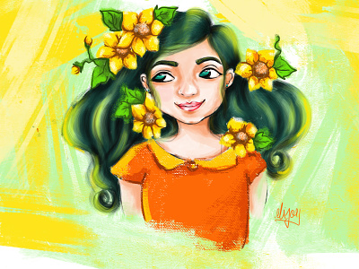 A Colorful Girl canvas art cartoon cartoon character colourful background colourfull illustration colours creative cartoon cute girl design flower girl illustration sunflower cartoon sunflower girl yellow yellow background yellow girl