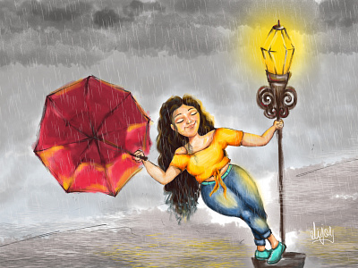 A Girl in a Rainy Day blue jeans canvas art cartoon cartoon character cloudy sky colourfull illustration colours creative cartoon cute girl design feelings illustration lamp post raining rainy day red umbrella yellow girl