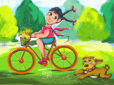 Cycling is Fun! canvas art cartoon cartoon character cartoon dog colourfull illustration colours creative cartoon cute girl cycling design girl and dog green nature illustration photoshop sunnyday