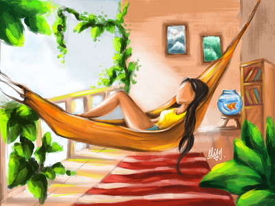 Relaxing! plants goldfish belcony girl chilling relaxing painting illustration design cute girl creative cartoon colours colourfull illustration cartoon character cartoon canvas art