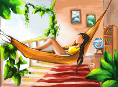 Relaxing! belcony canvas art cartoon cartoon character colourfull illustration colours creative cartoon cute girl design girl chilling goldfish illustration painting plants relaxing