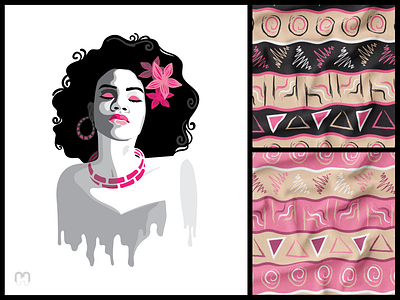 Stencil portrait of the African woman and a tribal pattern african african art african woman afro fabric design fabric mockup fabric print greyscale illustration ilustration design pink color seamless pattern stencil stencil art stencils surface pattern textile pattern textile print tribal woman portrait