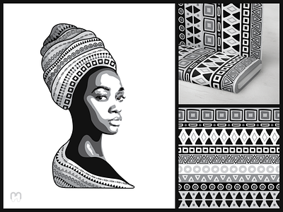 Stencil portrait of an African girl with a tribal pattern africa african art african design african woman black and white fabric design fabric mockup fabric pattern girl portrait hand drawn mockups repeating pattern seamless pattern stencil art stencils textile pattern textile print tribal woman illustration woman portrait