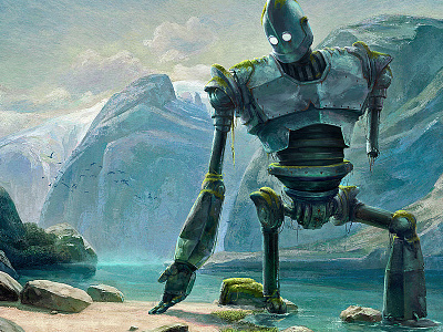 Iron Giant At The Lake In the Mountains By Switzerland ancient kaiju digital art illustration iron giant painterly photoshop