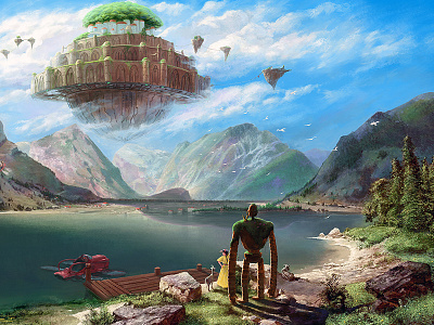 Laputa: Castle In The Sky Over Achensee anime castle digital fantasy ghibli illustration landscape laputa painting robot sky