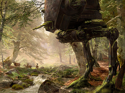 Abandoned AT-ST in the Forest at st böhmer composition design forest inceptionism mech painting starwars walker