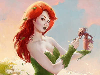 Poison Ivy and Baby Groot | Elvgren Tribute baby groot character dreamy elvgren fanart fantasy iamgroot illustration marvel painterly pinup poison ivy