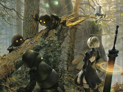Robots in a Pine Forest - after Shishkin art digital art drone fanart game art homage illustration nier automata painterly pop culture robot style study
