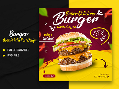 Super Delicious Burger - Food Social Media Post Design