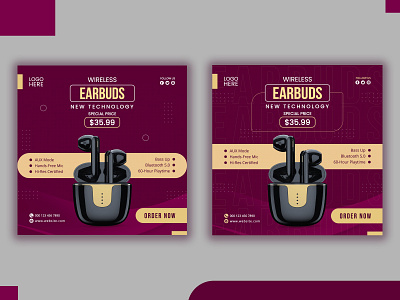 Earbuds Social Media Post Template,Facebook post, Instagram post adbanner advertisement banner banner template branding design facebook post flyer graphic design instagram post online banner social media post