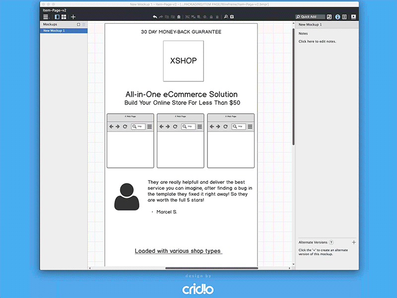 XShop Theme Item Page Wireframe to Mockup