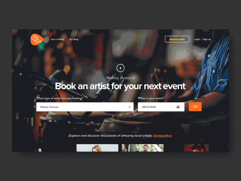GigTown after effects animation cta gigtown hero home page landing page logo music