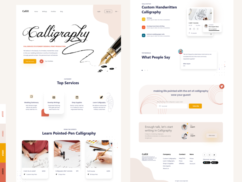 Calligraphy Writing Homepage color palette design landing page new ui uiux website
