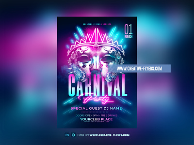 Carnival Flyer Template (PSD) carnaval carnival creative design flyer flyer templates graphic design light mardi gras masked masquerade neon neons party flyer photoshop poster templates