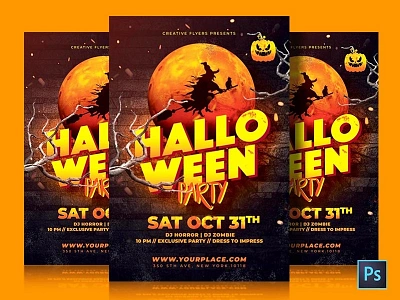 Halloween Party Flyer advertising creative flyer templates graphic design halloween halloween bash horror illustration moon october octoberfest orange photoshop poster pumpkin witch witcher