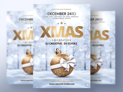 Xmas Party Flyer Template christmas christmas balls elegant flyer template flyer templates gold graphic design luxury party party flyer photoshop poster psd ribbons snow snow flakes xmas xmas flyer