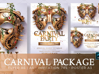 Carnival Party Package Psd bundle bundles carnaval carnival party creative creativeflyers flyer templates gold graphic design maesk mardi gras templates mardigras masquerade packages party flyer photoshop poster posters psd venice