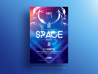 Space Party Flyer Psd astronaut creative flyer flyer template futuristic graphics graphics design helmet illustration lights nasa photoshop poster prints space stars templates