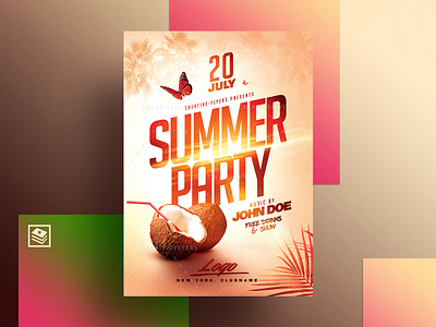 Summer Poster Psd affiche beach coconut creative design flyers graphics palms party flyer party hat photoshop poster printable prints psd sea summer sunset templates tropical