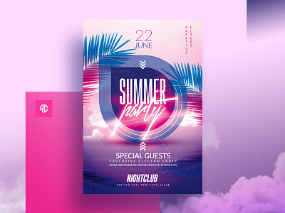 Summer Party Flyer Template advertising beach party cards creative design graphic design illustration invitations invites neon light palms party flyer photoshop print printable summer card summer graphics summer party flyer summer psd sunset