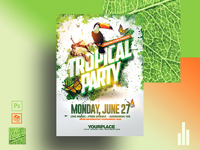 Tropical Psd Flyer Template beach party best design cards design creative exotic flyer templates flyers graphic design graphics design illustration invites jungle party flyer photoshop romecreation summer graphics toucan tropical tropical leaves