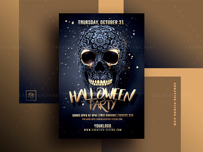 Halloween Party Flyer Template black and gold card design cards design flyer templates graphic design halloween halloween bash halloween design halloween graphics halloween party invitation invites october party flyer photoshop poster psd psd flyer skull