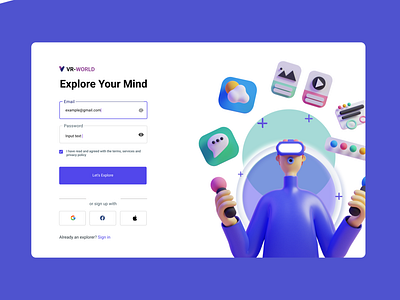 VR-WORLD signup page app branding design illustration logo ui ux