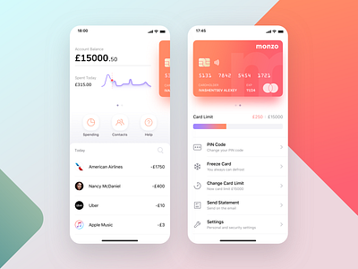 Monzo. Mobile banking app. Concept app atm banking card chart charts credit card credit card design dashboard debit card fiat finance financial app fintech mobile mobile app design mobile banking monzo wallet app