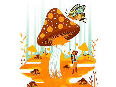 Cazamariposas blue brown butterfly hunter illustration ilustración mushroom orange textures yellow