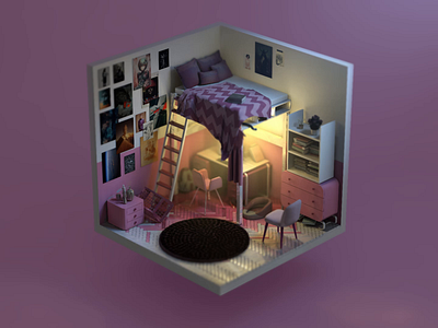 When deadline hits... No1 3d animation destruction earthquake girl isokoll isometric petrkoll pink room