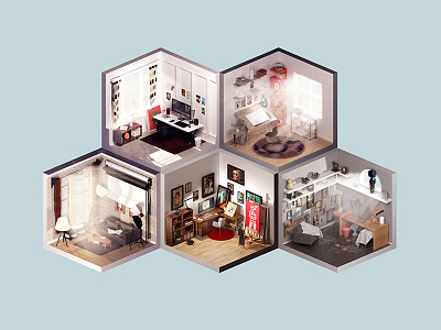 Room of artist 3d flat iso isometric living petrkoll