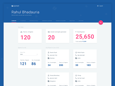 Ozonet Dashboard agent analytics blue booking material design ozonet payment room travel