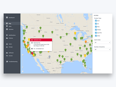 Wave map view (with location filters) admin tool dashboard filter hover location map pin ui website zoom