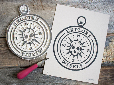 Explore Wisely Block Print block print compass linocut skull