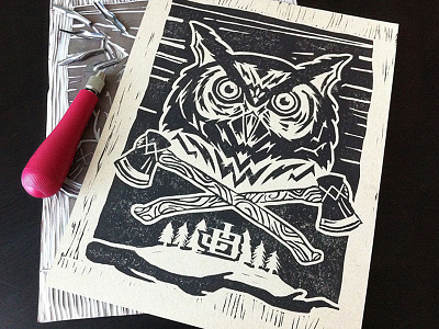 Night Owl Linocut Print art axe axes black block block print kraft lino linocut linoleum night owl paper print trees