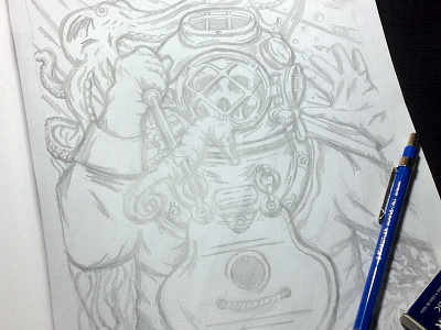 Deep Sea Diver deep sea diver diver illustration octopus pencil sea seahorse sketch skull